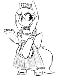 Size: 640x795 | Tagged: safe, artist:rice, derpibooru import, oc, oc only, earth pony, pony, bipedal, clothes, food, maid, menu, monochrome, simple background, solo, white background