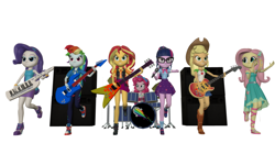 Size: 5120x3072 | Tagged: safe, artist:n3onh100, derpibooru import, applejack, fluttershy, pinkie pie, rainbow dash, rarity, sci-twi, sunset shimmer, twilight sparkle, equestria girls, bass guitar, drums, guitar, humane five, humane seven, humane six, keytar, microphone, musical instrument, simple background, speaker, tambourine, the rainbooms, white background