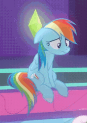 Size: 239x338 | Tagged: safe, derpibooru import, screencap, rainbow dash, pegasus, pony, grannies gone wild, season 8, spoiler:s08, animated, cropped, cute, dashabetes, disappointed, ears, female, floppy ears, frown, gif, mare, offscreen character, plumbob, sad, sadorable, sitting, solo focus, teeth