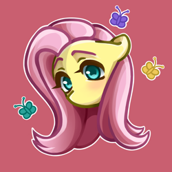 Size: 2000x2000 | Tagged: safe, artist:mirednesy, derpibooru import, fluttershy, butterfly, pegasus, pony, blushing, cute, female, looking at you, mare, no mouth, outline, red background, shyabetes, simple background, solo, white outline