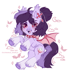 Size: 2400x2600 | Tagged: safe, artist:avroras_world, derpibooru import, oc, oc only, bat pony, pony, accessories, bat pony oc, chest fluff, collar, commission, ear fluff, ears, female, fluffy, leg fluff, long tail, looking at you, mare, open mouth, open smile, short hair, simple background, smiling, solo, solo female, tail, white background, wings