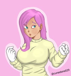 Size: 1916x2048 | Tagged: safe, artist:cursedone029, derpibooru import, fluttershy, human, breasts, clothes, eyebrows, eyebrows visible through hair, female, gloves, hootershy, humanized, outline, pink background, signature, simple background, solo, sweater, sweatershy