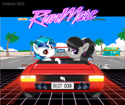 Size: 4128x3488 | Tagged: safe, artist:vinilyart, derpibooru import, dj pon-3, octavia melody, vinyl scratch, pony, alternate hairstyle, car, ferrari, glasses off, high res, looking back, missing accessory, no glasses, outrun, palm tree, tree