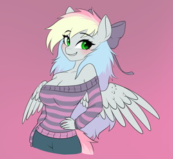 Size: 2049x1877 | Tagged: safe, artist:tomiku, derpibooru import, oc, oc only, oc:blazey sketch, anthro, pegasus, blushing, bow, clothes, green eyes, grey fur, hair bow, long hair, multicolored hair, not derpy, pink background, shorts, simple background, smiling, smirk, sweater