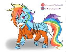 Size: 1700x1363 | Tagged: safe, artist:liechisenshi, derpibooru import, rainbow dash, pegasus, pony, bound wings, chains, clothes, cuffed, cuffs, my little pony, prison outfit, prisoner rd, shackles, shirt, undershirt, wings