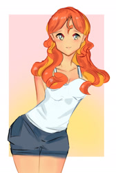 Size: 1280x1901 | Tagged: safe, artist:aemir-art, derpibooru import, sunset shimmer, human, alternate hairstyle, clothes, cute, female, humanized, shimmerbetes, shorts, smiling, solo, tanktop