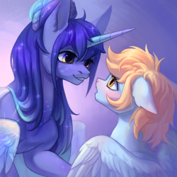 Size: 2600x2600 | Tagged: safe, artist:inarimayer, derpibooru import, oc, oc only, alicorn, pegasus, pony, alicorn oc, blushing, duo, eye contact, female, horn, looking at each other, mare, open mouth, pinned ears, smiling, solo, wings