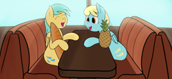 Size: 3194x1468 | Tagged: safe, artist:frilanka, derpibooru import, sassaflash, sunshower raindrops, bread, eyes closed, female, food, happy, mare, pineapple, restaurant, sitting, table, talking, window