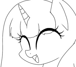 Size: 640x562 | Tagged: safe, artist:namaenonaipony, derpibooru import, oc, oc only, oc:aqua twinkie, pony, unicorn, ^^, black and white, bust, eye clipping through hair, eyes closed, female, grayscale, horn, mare, monochrome, open mouth, open smile, portrait, simple background, smiling, solo, white background