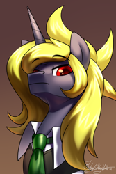 Size: 2000x3000 | Tagged: safe, artist:jedayskayvoker, derpibooru import, oc, oc:zarosian, pony, unicorn, bust, clothes, eyebrows, gradient background, headshot commission, horn, icon, long hair, long horn, looking at you, looking down, looking down at you, male, necktie, patreon, patreon reward, portrait, raised eyebrow, red eyes, shipping, solo, stallion, unicorn oc