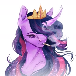 Size: 1800x1800 | Tagged: safe, artist:damayantiarts, derpibooru import, twilight sparkle, pony, bust, cigarette, female, hair over one eye, horn, jewelry, mare, portrait, regalia, simple background, smoking, solo, white background