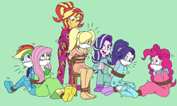 Size: 4242x2542 | Tagged: safe, artist:bugssonicx, derpibooru import, applejack, fluttershy, pinkie pie, rainbow dash, rarity, starlight glimmer, sunset shimmer, equestria girls, bondage, bound and gagged, chair, cloth gag, clothes, footed sleeper, footie pajamas, gag, hair over one eye, human starlight, human sunset, humane five, infiltration, looking back, muffled moaning, muffled words, nightgown, onesie, over the nose gag, pajamas, pigtails, pocket, pockets, ponytail, sleepover, slumber party, socks, teary eyes, tied up, twintails