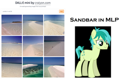 Size: 1492x924 | Tagged: safe, artist:dall·e mini, artist:thegamerpainter, derpibooru import, machine learning generated, sandbar, earth pony, pony, beach, caption, comparison, craiyon, dall·e mini, irl, machine learning abomination, meme, ocean, photo, sand, solo, text, water, what has science done, wtf