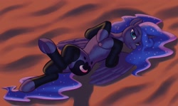 Size: 2019x1200 | Tagged: safe, alternate version, artist:escapist, derpibooru import, princess luna, alicorn, pony, bedroom eyes, clothes, female, frog (hoof), hooves to the chest, horn, leg warmers, legwear, lip bite, looking at you, lying down, mare, on back, partially open wings, solo, underhoof, wings