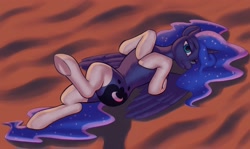 Size: 2019x1200 | Tagged: safe, artist:escapist, derpibooru import, princess luna, alicorn, pony, bedroom eyes, clothes, female, horn, legwear, lip bite, looking at you, lying down, mare, on back, partially open wings, socks, solo, stockings, thigh highs, underhoof, white socks, white stockings, wings