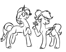 Size: 900x718 | Tagged: safe, artist:fuckomcfuck, derpibooru import, rarity, oc, oc:doodles, pegasus, pony, unicorn, flower, monochrome, old art, rejection, shipping, simp