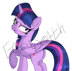 Size: 966x942 | Tagged: safe, artist:egodeath, derpibooru import, twilight sparkle, twilight sparkle (alicorn), alicorn, angry, blushing, butt, obtrusive watermark, simple background, solo, twibutt, watermark, white background