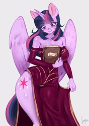 Size: 1995x2812 | Tagged: safe, artist:mrscurlystyles, derpibooru import, twilight sparkle, twilight sparkle (alicorn), alicorn, anthro, adorasexy, bare shoulders, big breasts, book, breasts, cleavage, clothes, cute, detached sleeves, dress, female, headlight sparkle, looking down, mare, red dress, sexy, shoulderless, side slit, simple background, smiling, solo, stupid sexy twilight, thighs, total sideslit, white background