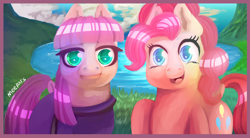 Size: 1300x720 | Tagged: safe, artist:meepars, derpibooru import, maud pie, earth pony, pony, duo, female, looking at you, open mouth, siblings, sisters, smiling