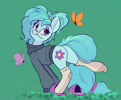 Size: 1208x999 | Tagged: safe, artist:rexyseven, derpibooru import, oc, oc only, oc:whispy slippers, butterfly, earth pony, pony, blushing, clothes, female, glasses, grass, looking at something, looking back, mare, patterned background, side view, slippers, smiling, socks, solo, sweater, turtleneck