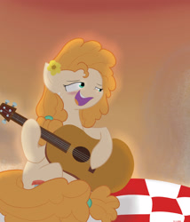 Size: 3000x3500 | Tagged: safe, artist:reinbou, derpibooru import, pear butter, earth pony, pony, the perfect pear, guitar, light, musical instrument, singing, solo