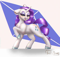 Size: 1200x1142 | Tagged: safe, artist:inkypuso, derpibooru import, rarity, pony, unicorn, cutie mark, ears, eyeshadow, female, floppy ears, horn, lidded eyes, looking at you, makeup, mare, one ear down, open mouth, raised hoof, raised leg, signature, simple background, solo, white background