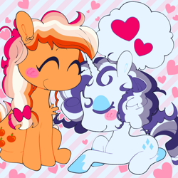 Size: 640x640 | Tagged: safe, artist:bloopiehp, derpibooru import, applejack, rarity, earth pony, pony, unicorn, asexual pride flag, blushing, chest fluff, duo, eyes closed, female, heart, lesbian, lying down, pride, pride flag, rarijack, shipping, simple background, sitting, striped background