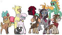 Size: 1920x1080 | Tagged: safe, artist:metaruscarlet, derpibooru import, arizona cow, fhtng th§ ¿nsp§kbl, oleander, paprika paca, pom lamb, shanty goat, tianhuo, velvet reindeer, alpaca, classical unicorn, cow, deer, dog, dragon, goat, hybrid, lamb, longma, pony, reindeer, sheep, unicorn, them's fightin' herds, bandana, bell, bell collar, book, chest fluff, cloven hooves, collar, community related, eyes closed, female, fightin' seven, fightin' six, grin, horns, leonine tail, mare, open mouth, simple background, smiling, transparent background, unshorn fetlocks