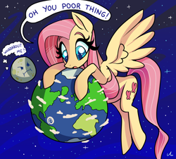Size: 5100x4614 | Tagged: safe, artist:docwario, derpibooru import, fluttershy, pegasus, pony, earth, female, jealous, macro, mare, moon, pony bigger than a planet, solo, space, tangible heavenly object