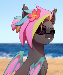 Size: 1676x2000 | Tagged: safe, artist:luminousdazzle, derpibooru import, oc, oc only, oc:black opal, bat pony, pony, bat pony oc, beach, ear fluff, ear piercing, ears, fangs, female, flower, flower in hair, looking at you, mare, ocean, piercing, ponytail, sitting, smiling, smiling at you, solo, sunglasses, water