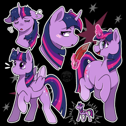 Size: 1500x1500 | Tagged: safe, artist:sursiq, derpibooru import, twilight sparkle, twilight sparkle (alicorn), unicorn twilight, alicorn, pony, unicorn, accessories, bags under eyes, blushing, bust, chibi, closed mouth, colored wings, cute, cutie mark background, eyebrows, eyebrows visible through hair, feather, female, full body, glasses, happy, magic, mare, multeity, multicolored hair, multicolored mane, multicolored tail, multicolored wings, open mouth, outline, portrait, purple eyes, quill, raised hoof, raised leg, shading, simple background, solo, surprised, tail, telekinesis, tired, twiabetes, white outline, wings