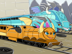 Size: 1280x960 | Tagged: safe, artist:heart-of-a-dragoness, derpibooru import, dragon lord ember, princess ember, smolder, bio in description, coach, commission, inanimate tf, steam, steam engine, tracks, train, train pony, trainified, transformation, vehicle