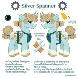 Size: 4000x4000 | Tagged: safe, artist:pink-pone, derpibooru import, oc, oc only, oc:silver spanner, pony, unicorn, absurd resolution, apron, clothes, male, reference sheet, simple background, solo, stallion, transparent background