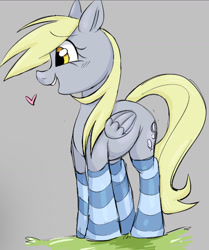 Size: 1061x1271 | Tagged: safe, artist:mushy, derpibooru import, derpy hooves, pegasus, pony, aggie.io, clothes, gray background, heart, simple background, smiling, socks, solo, striped socks, thigh highs