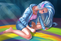 Size: 4700x3133 | Tagged: safe, alternate version, artist:racoonsan, derpibooru import, silverstream, human, uprooted, barefoot, belt, clothes, digital art, feet, female, hoodie, humanized, jewelry, long hair, looking at something, necklace, paint, paintbrush, painting, profile, reference used, shorts, sitting, solo, wing ears, wingless, wings