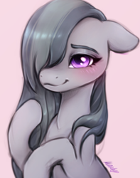 Size: 1214x1540 | Tagged: safe, artist:buttersprinkle, derpibooru import, marble pie, earth pony, pony, blushing, cute, ears, female, floppy ears, hair over one eye, marblebetes, mare, pink background, raised hoof, raised leg, simple background, smiling, solo