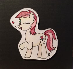 Size: 2414x2280 | Tagged: safe, artist:lunar harmony, ponerpics import, roseluck, black background, cute, heart, looking at you, one eye closed, photo, pointy nose, raised hoof, raised leg, simple background, solo, traditional art, wink, winking at you