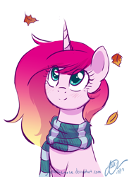 Size: 1326x1808 | Tagged: safe, artist:joellethenose, derpibooru import, oc, oc only, oc:cerise, pony, unicorn, autumn, bust, clothes, female, leaves, mare, scarf, simple background, solo, striped scarf, white background