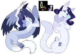 Size: 2500x1800 | Tagged: safe, artist:purplegrim40, derpibooru import, discord, rarity, oc, oc only, draconequus, hybrid, pony, unicorn, draconequus oc, female, flower, fraternal twins, interspecies offspring, male, mare, offspring, parent:discord, parent:rarity, parents:raricord, paw pads, paws, raricord, shipping, siblings, simple background, straight, toe beans, transparent background, twins, underpaw