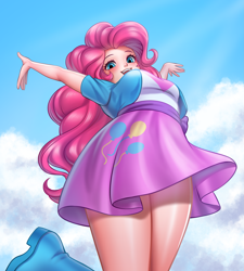Size: 3593x4000 | Tagged: safe, artist:racoonsan, derpibooru import, pinkie pie, human, equestria girls, boots, breasts, clothes, cloud, cute, diapinkes, female, humanized, looking down, low angle, open mouth, pinkie pies, shirt, shoes, skirt, sky, solo, upskirt