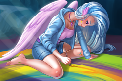 Size: 4700x3133 | Tagged: safe, alternate version, artist:racoonsan, derpibooru import, silverstream, human, uprooted, barefoot, belt, breasts, busty silverstream, clothes, cute, diastreamies, feet, female, humanized, jacket, jewelry, necklace, paint, paintbrush, painting, profile, shorts, solo, wing ears, winged humanization, wings