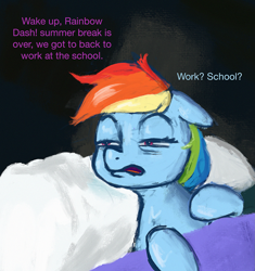 Size: 1905x2024 | Tagged: safe, artist:phutashi, derpibooru import, rainbow dash, pegasus, pony, bed, dialogue, female, implied twilight sparkle, limmy's show, mare, offscreen character, pillow, sleepy, solo, squint