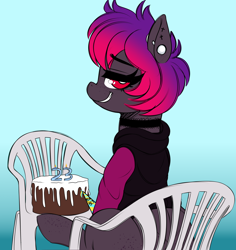 Size: 2336x2477 | Tagged: safe, artist:dibujito, derpibooru import, oc, oc only, oc:dib, pony, birthday, birthday cake, cake, chair, food, hat, party hat, solo