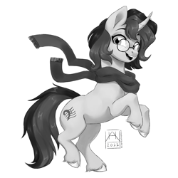 Size: 2160x2160 | Tagged: safe, artist:bluefeathercat, derpibooru import, oc, oc only, pony, unicorn, clothes, glasses, scarf, simple background, solo, unshorn fetlocks, white background