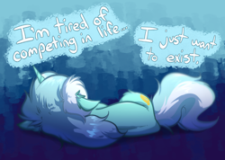 Size: 3744x2672 | Tagged: safe, artist:witchtaunter, derpibooru import, lyra heartstrings, pony, unicorn, ears, floppy ears, gradient background, lying down, on side, sad, solo, text, vent art