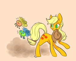 Size: 1024x824 | Tagged: safe, artist:ilcerbiastrello, derpibooru import, applejack, earth pony, parasprite, pony, applejack's hat, clothes, cowboy hat, female, hat, mare, orange background, simple background