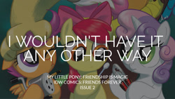 Size: 1280x720 | Tagged: safe, derpibooru import, edit, editor:quoterific, idw, apple bloom, discord, scootaloo, sweetie belle, alicorn, draconequus, earth pony, pegasus, pony, friends forever, spoiler:comic, apple bloom's bow, bow, cutie mark crusaders, female, filly, foal, hair bow, male, offscreen character, text, trio, trio female, trio focus