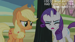 Size: 1280x720 | Tagged: safe, derpibooru import, edit, edited screencap, editor:quoterific, screencap, applejack, rarity, earth pony, pony, unicorn, season 4, three's a crowd, applejack's hat, clothes, cowboy hat, duo, duo female, eyes closed, female, hat, mare, open mouth, stetson, text