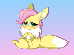 Size: 4409x3314 | Tagged: safe, artist:kittyrosie, derpibooru import, part of a set, fluttershy, blushing, cute, daaaaaaaaaaaw, eevee, gradient background, looking at you, pokefied, pokémon, shy, shyabetes, simple background, species swap, weapons-grade cute