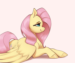 Size: 3585x3005 | Tagged: safe, artist:aquaticvibes, derpibooru import, fluttershy, pegasus, pony, beige background, female, high res, lying down, mare, profile, prone, side view, simple background, smiling, solo, spread wings, wings